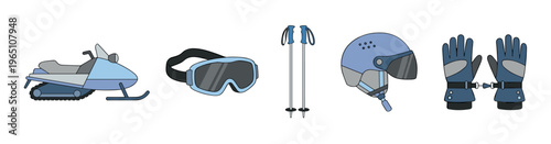Snowmobile, goggles, poles, helmet, and gloves are essential gear for enjoying various thrilling winter sports and outdoor adventures.