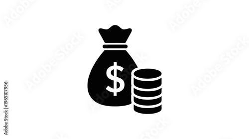 Money bag with dollar sign beside stacked coins, minimalist black-and-white icon, symbolizing wealth, savings, finance, economic value.