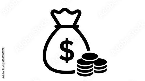 Money bag with dollar sign beside stacked coins, minimalist black-and-white icon, symbolizing wealth, savings, finance, economic value.
