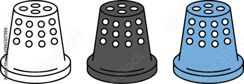 Set of minimalist sewing thimble icons in outline silhouette and colorful yellow flat vector tailor craft styles.