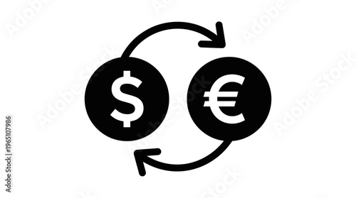 Dollar and euro currency icons with circular arrows, minimalist design, symbolizing exchange, conversion, finance, trade, international monetary flow.