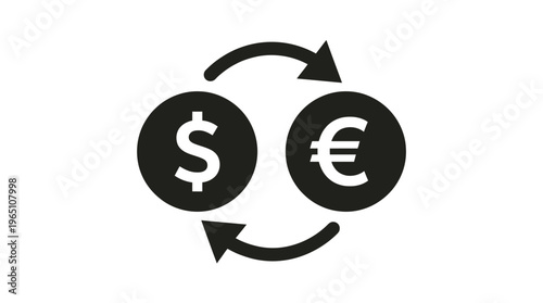 Dollar and euro currency icons with circular arrows, minimalist design, symbolizing exchange, conversion, finance, trade, international monetary flow.