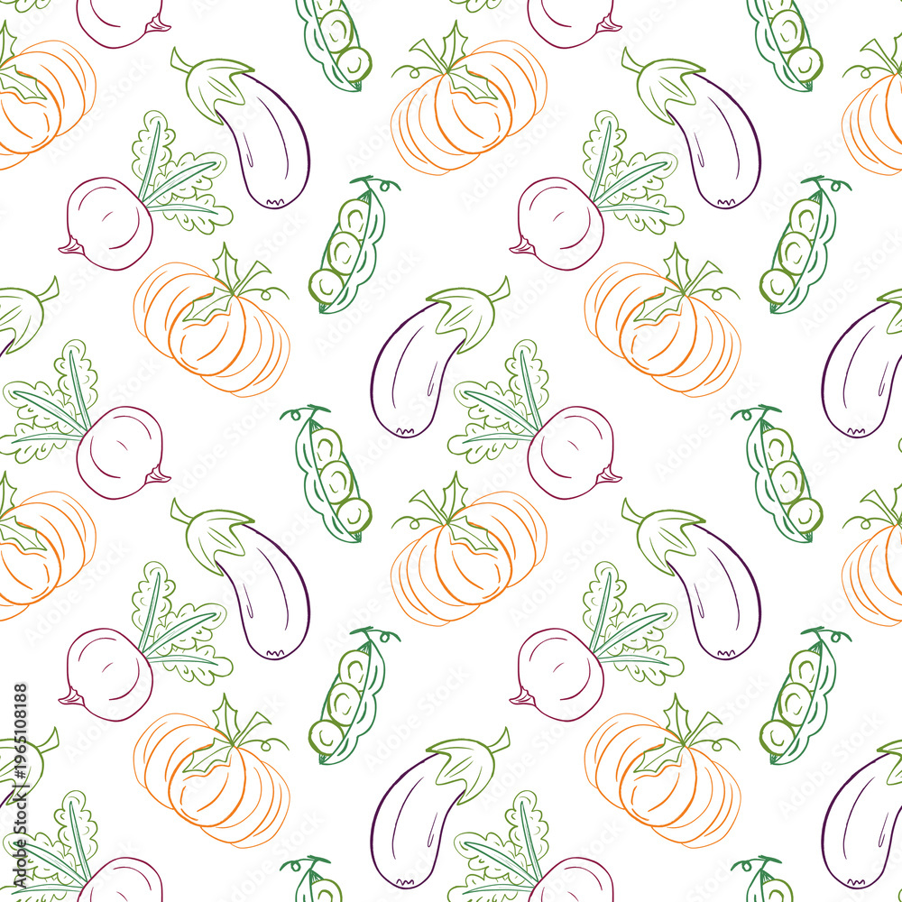 Fototapeta premium Seamless pattern with hand drawn vegetables eggplant, pumpkin and radish