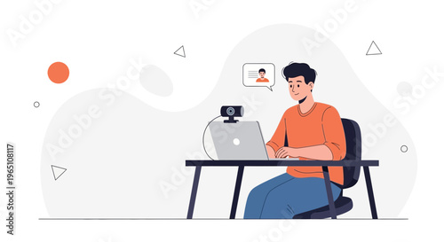 Man on Video Call with Webcam and Laptop, Remote Work Concept