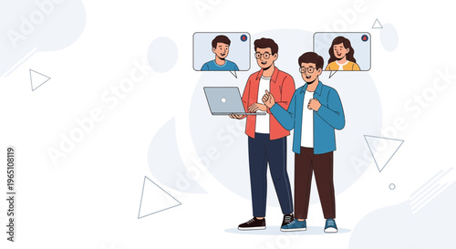 Two friends video calling on laptop, online communication, remote work, social connection