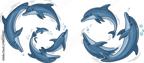 Dolphins Swimming in Circles Vector Illustration with Playful Movement and Bubbles for Ocean, Marine Life, and Wildlife Design