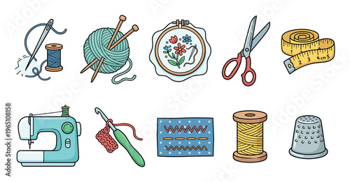 Various sewing and crafting tools and supplies are illustrated in a cartoon style, featuring items like needles, thread, yarn, scissors, and a sewing machine.