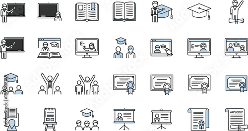 Professional education icon set featuring graduation caps diplomas online learning certificates classroom teaching and student achievement symbols for academic branding design.