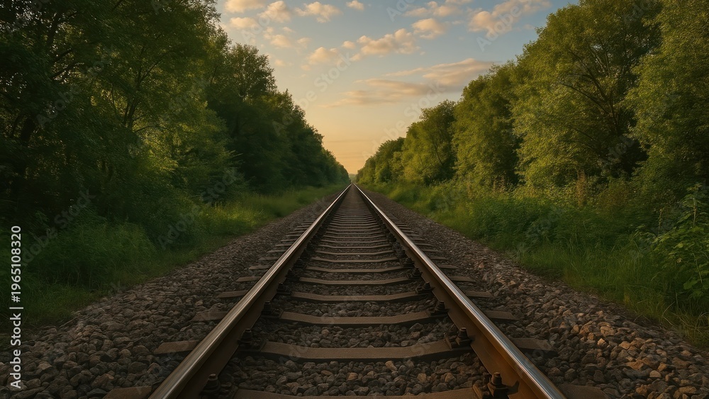 Fototapeta premium Serene railway amidst lush greenery.
