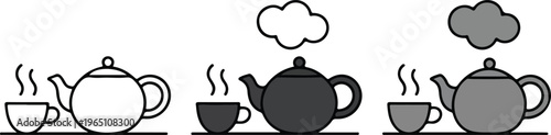 Set of minimalist teapot and tea cup icons in outline silhouette and colorful grey flat vector beverage styles.