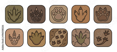 Various animal footprints and dinosaur tracks vector illustration set showcasing different paw prints and claw marks in a cartoon style.