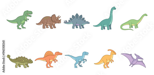 Cute cartoon dinosaur characters set with various prehistoric creatures in a colorful collection perfect for children's designs, educational materials, and playful themes.