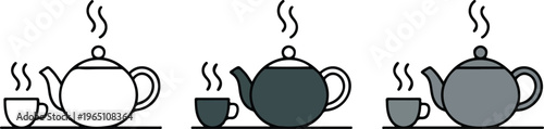 Set of minimalist teapot and tea cup icons in outline silhouette and colorful grey flat vector beverage styles.