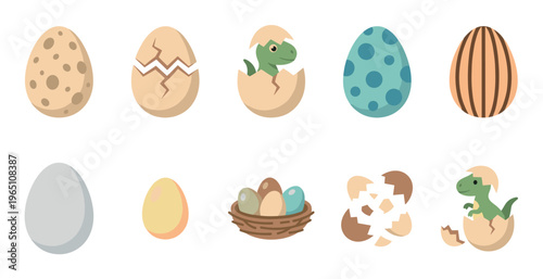 Dinosaur eggs and hatching baby dinosaur vector illustration set featuring various patterned eggs, a nest, and a cute newborn creature emerging from its shell.