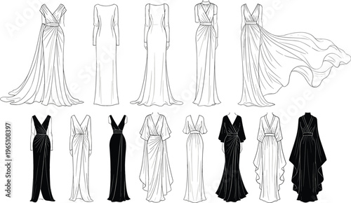 Elegant evening dress collection featuring flowing gowns, draped silhouettes, and modern couture designs in detailed line art vector illustration style
