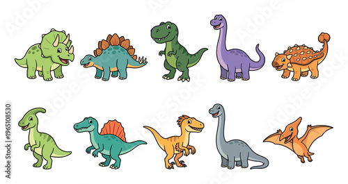 Cute cartoon dinosaurs collection featuring various prehistoric creatures smiling happily in a vibrant and playful illustration for children's designs.