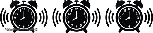 Alarm clock ringing icons set, wake up time notification symbols with sound waves, morning alert concept vector illustration