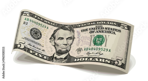 US 5 Dollar Banknote Vector Illustration with Abraham Lincoln Design for Finance, Currency, and Money-Themed Graphics
