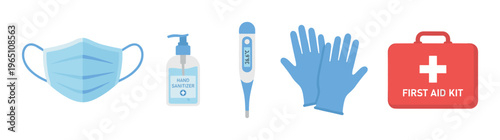 Medical and hygiene supplies including face mask, hand sanitizer, thermometer, gloves, and first aid kit are essential for health protection.