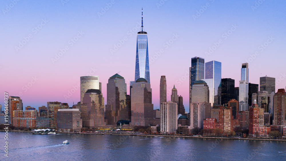 Fototapeta premium New York panoramic skyline at dusk. NYC panorama dusk metropolis skyline. New York big American City panoramic. New York City panoramic at dusk. New York City panoramic at dusk.