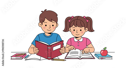 Two children reading books at a desk, illustration of learning and education