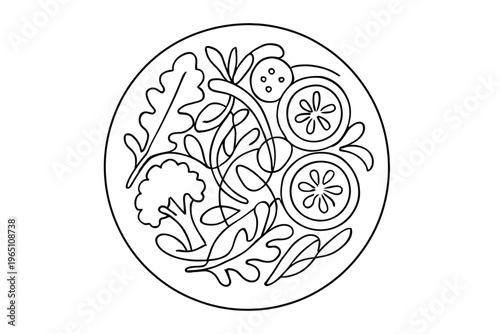 Minimalist Salad Illustration. "Colorful Plate". Minimalistic one-line drawing top-down view of vegan salad