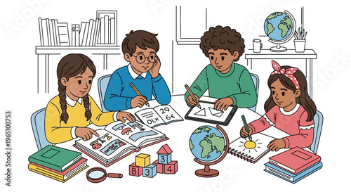 Diverse children learning together at a table with books, globes, and drawing supplies