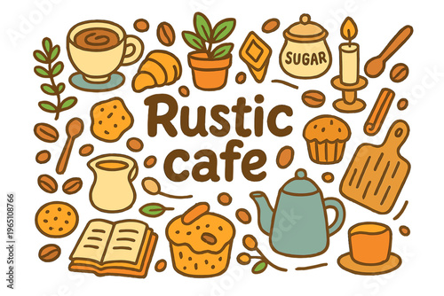 Rustic Cafe Doodle. Rustic cafe. Hand-drawn doodle illustration of rustic cafe. Coffee cup, croissant, beans,