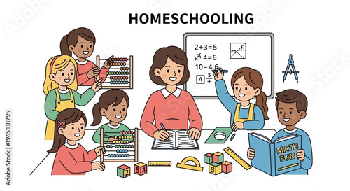 Diverse Children Learning Math With Teacher During Homeschooling Session