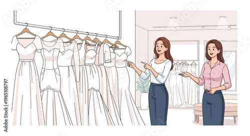 Bride choosing wedding dress with consultant in boutique showroom