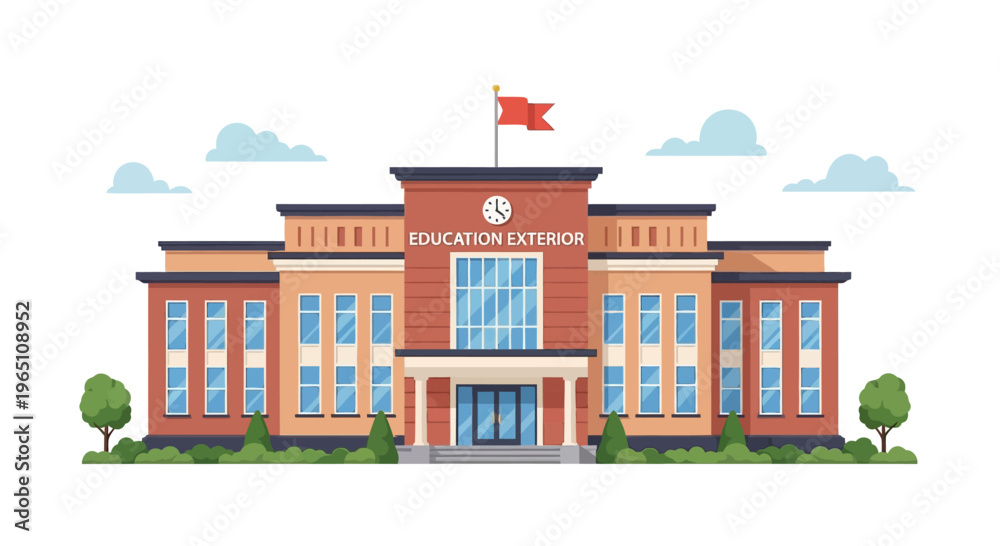 Obraz premium Modern School Building Exterior Facade with Flag and Clock