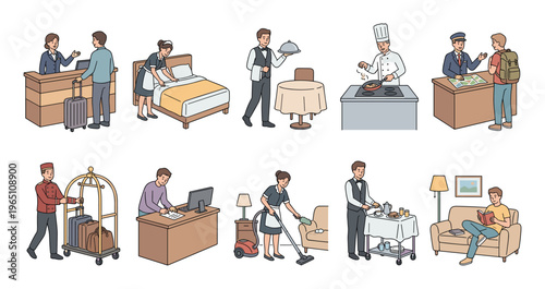 Hotel staff members offer a wide range of services, from check-in and room cleaning to dining and guest assistance, ensuring a pleasant stay.