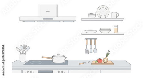 Modern Kitchen Interior with Stove, Hood, Shelves, and Utensils - Clean Line Art Illustration