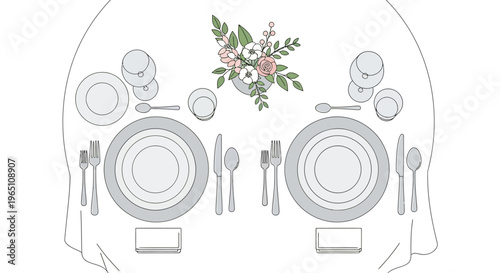 Elegant Table Setting for Two with Floral Centerpiece, Top View
