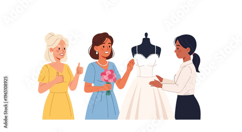 Bride Choosing Wedding Dress with Friends and Florist