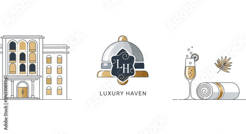 Luxury Hotel Icons: Building, Bellhop Bell & Champagne Cocktail