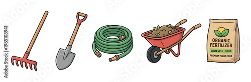 Gardening tools and supplies are essential for cultivating a thriving garden, including a rake, shovel, hose, wheelbarrow, and organic fertilizer.