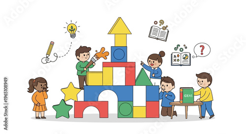 Children Building Tower with Colorful Blocks, Learning, Creativity, Teamwork, Education