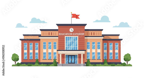 Modern School Building Exterior Facade with Flag and Clock