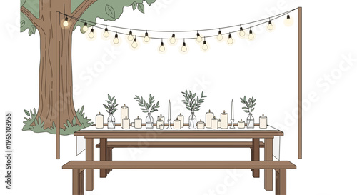 Outdoor Dining Table Setting with String Lights and Candles