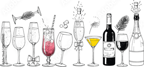 Elegant wine and cocktail glass collection featuring champagne, red wine, sparkling drinks, and celebration elements in detailed hand drawn vector illustration style