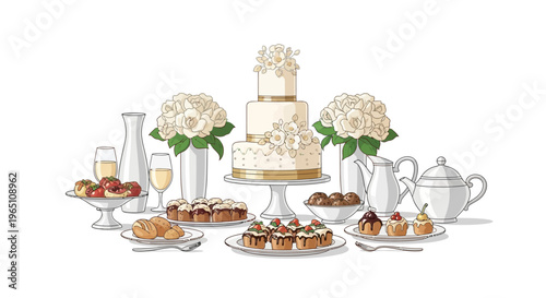 Elegant Wedding Cake and Dessert Spread with Flowers and Tea Set