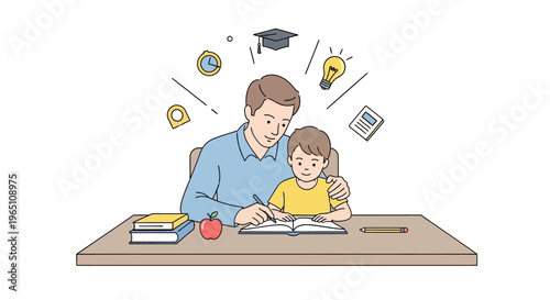Father Helping Son with Homework, Education, Learning and Family Time
