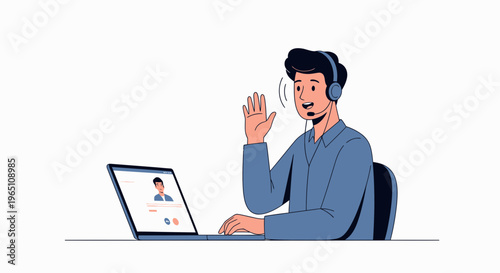 Man with headset waving hello during video call on laptop, remote work concept