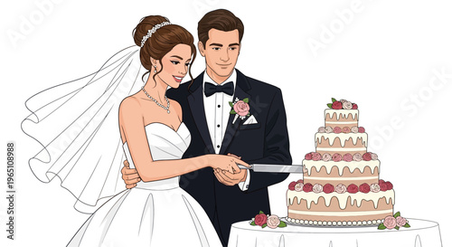 Bride and Groom Cutting Wedding Cake Together, Romantic Celebration
