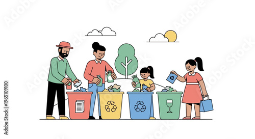 Family Recycling Together: Parents and Children Sort Waste into Colorful Bins