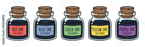 Five colorful calligraphy ink bottles with cork stoppers lined up in a row, showcasing various vibrant hues for artistic projects.