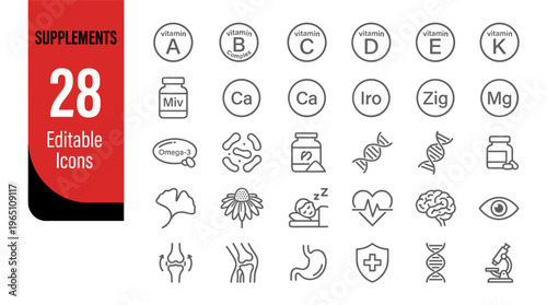 Set of 28 editable health and nutrition icons on white background for infographics