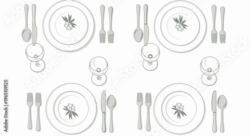 Elegant Table Setting for Four, Formal Dinner Arrangement, Minimalist Line Art