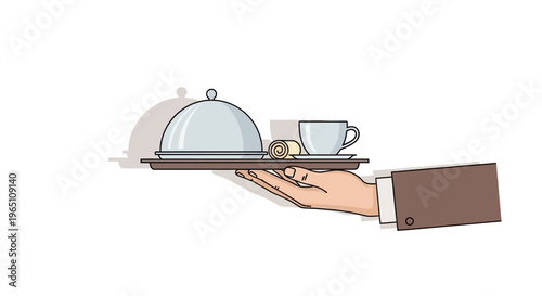 Waiter Serving Food Tray with Covered Dish and Coffee Cup